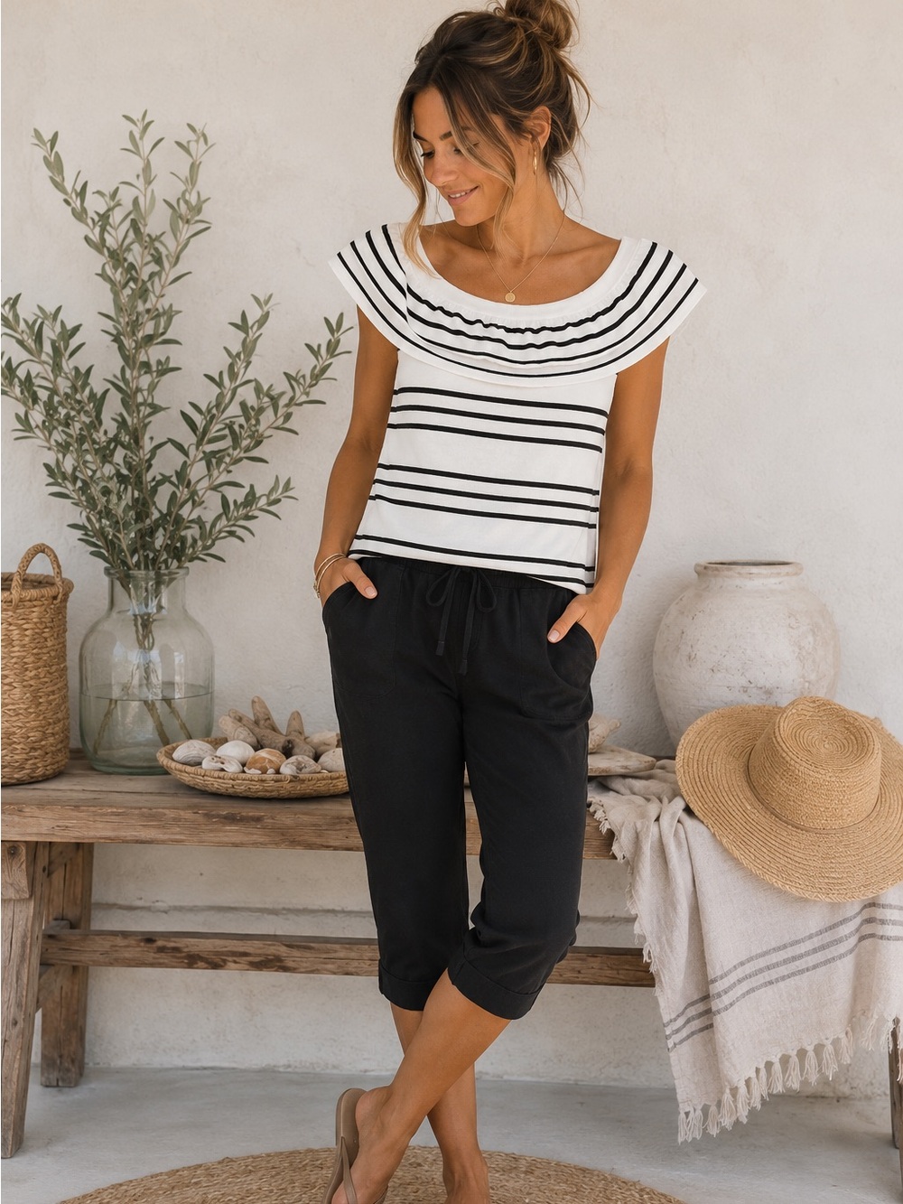 Off-the-Shoulder Black & White Striped Women’s Top -S